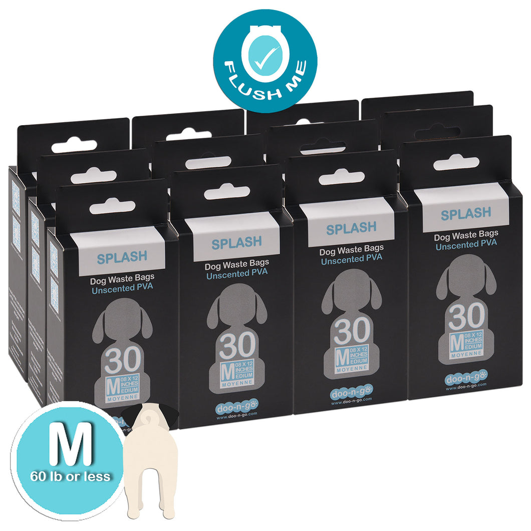 Doo-n-go MEDIUM Poop Bags, 360 bags. Bags are 8”x12” FLUSHABLE PLASTIC FREE EARTH-FRIENDLY STRONG and LEAKPROOF for dogs <60 lbs Over 2 months supply